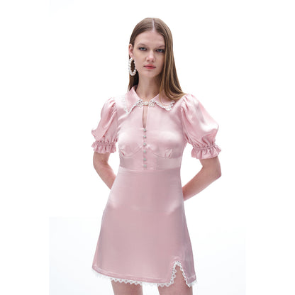 Diana Vevina Puff Sleeve Rhinestone Button Silk Dress Pink