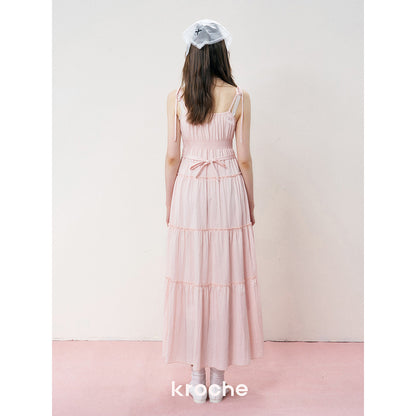 Kroche Lace Up Waisting Halter Dress Pink