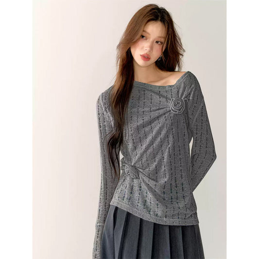 AsGony 3D Flower Hollow Cutting Knit Top Gray