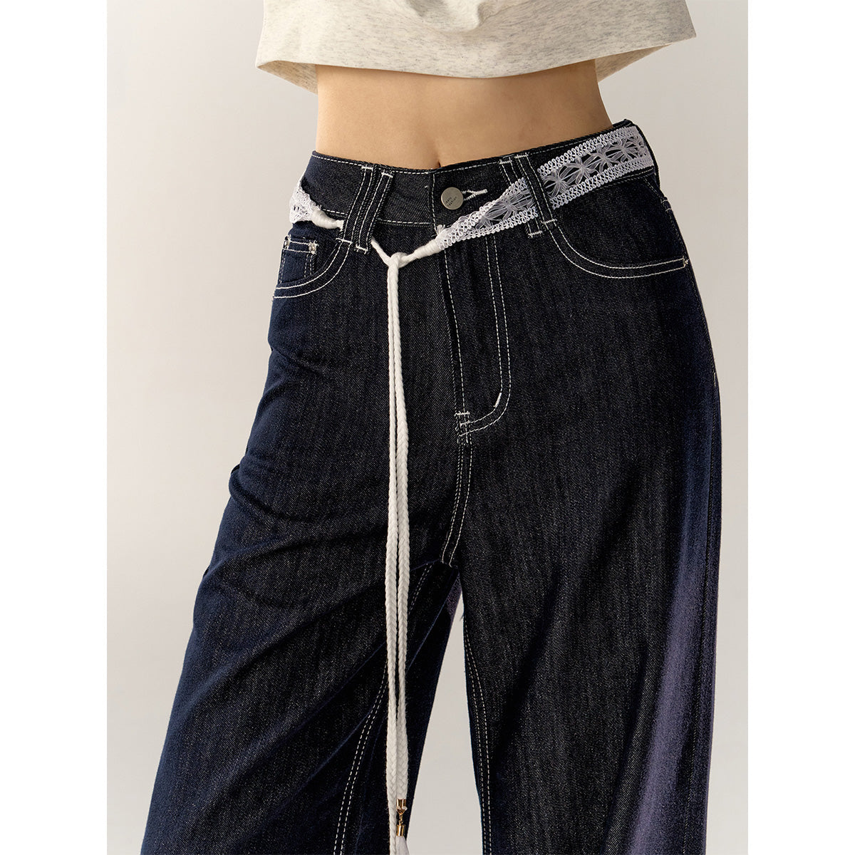 AsGony Lace Strap High Waist Wide-Leg Jeans Dark Blue