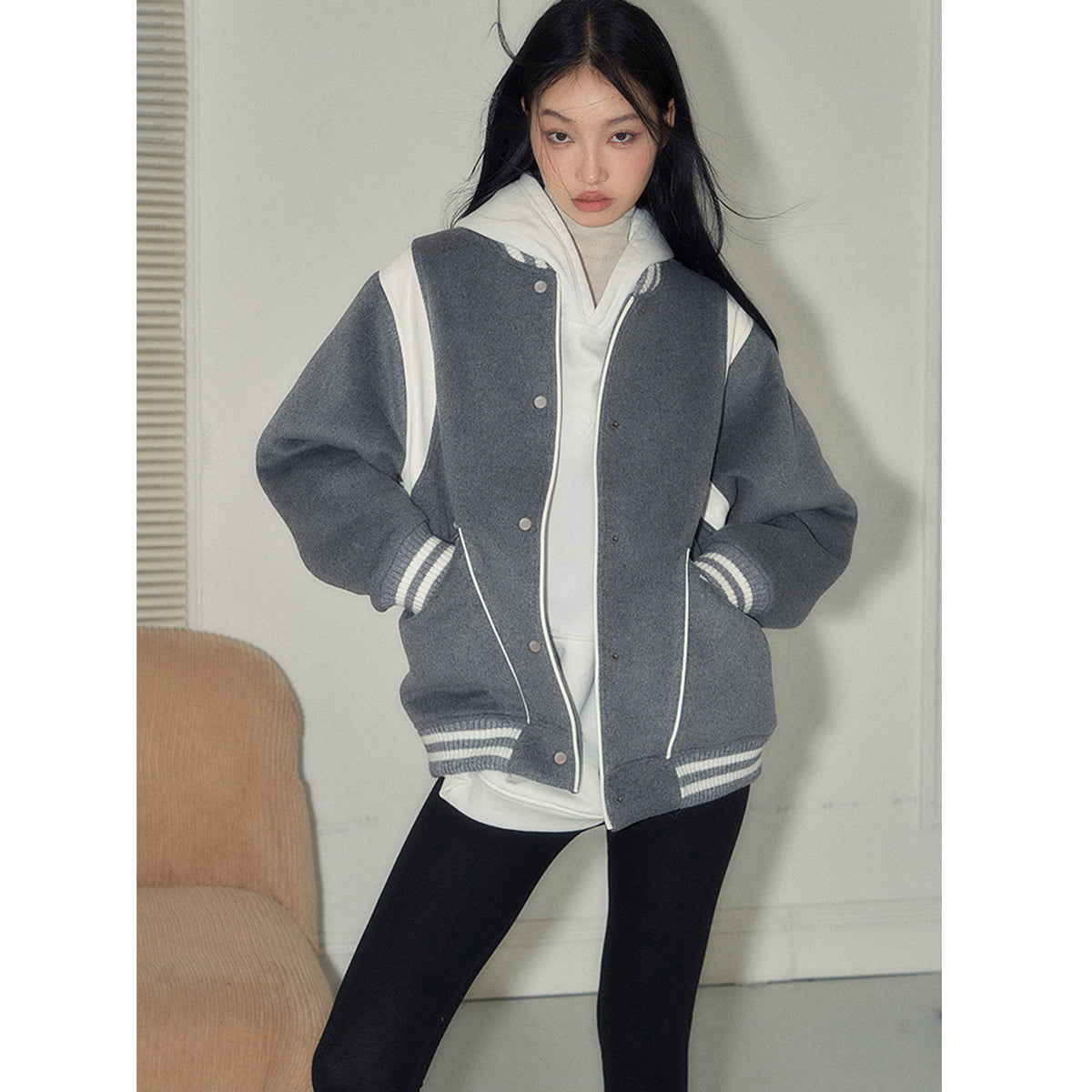 NotAwear Color Blocked Woolen Baseball Jacket Grey