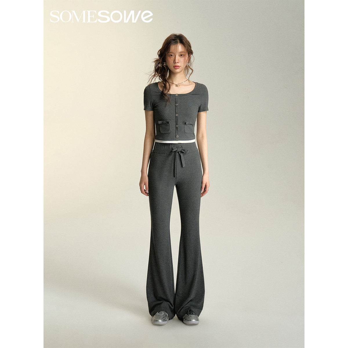 SomeSowe Bow Pockets Slim Fit Top Grey