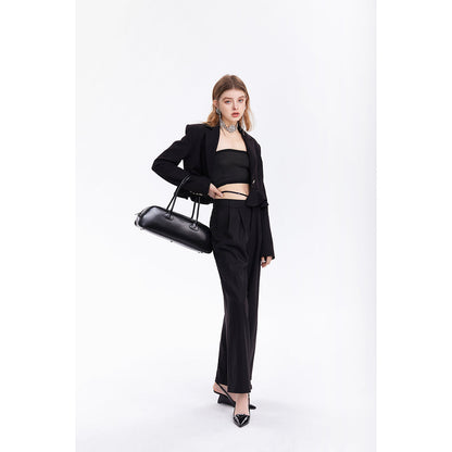 Three Quarters Hollow Cutting Waist Blazer Pants Black