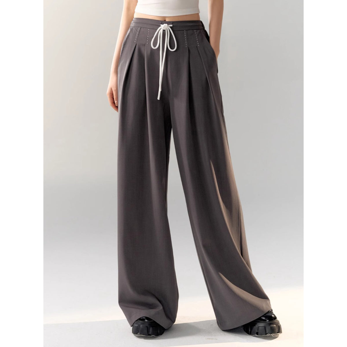 AsGony Stitching Drawstring Wide-Leg Suit Pants Gray