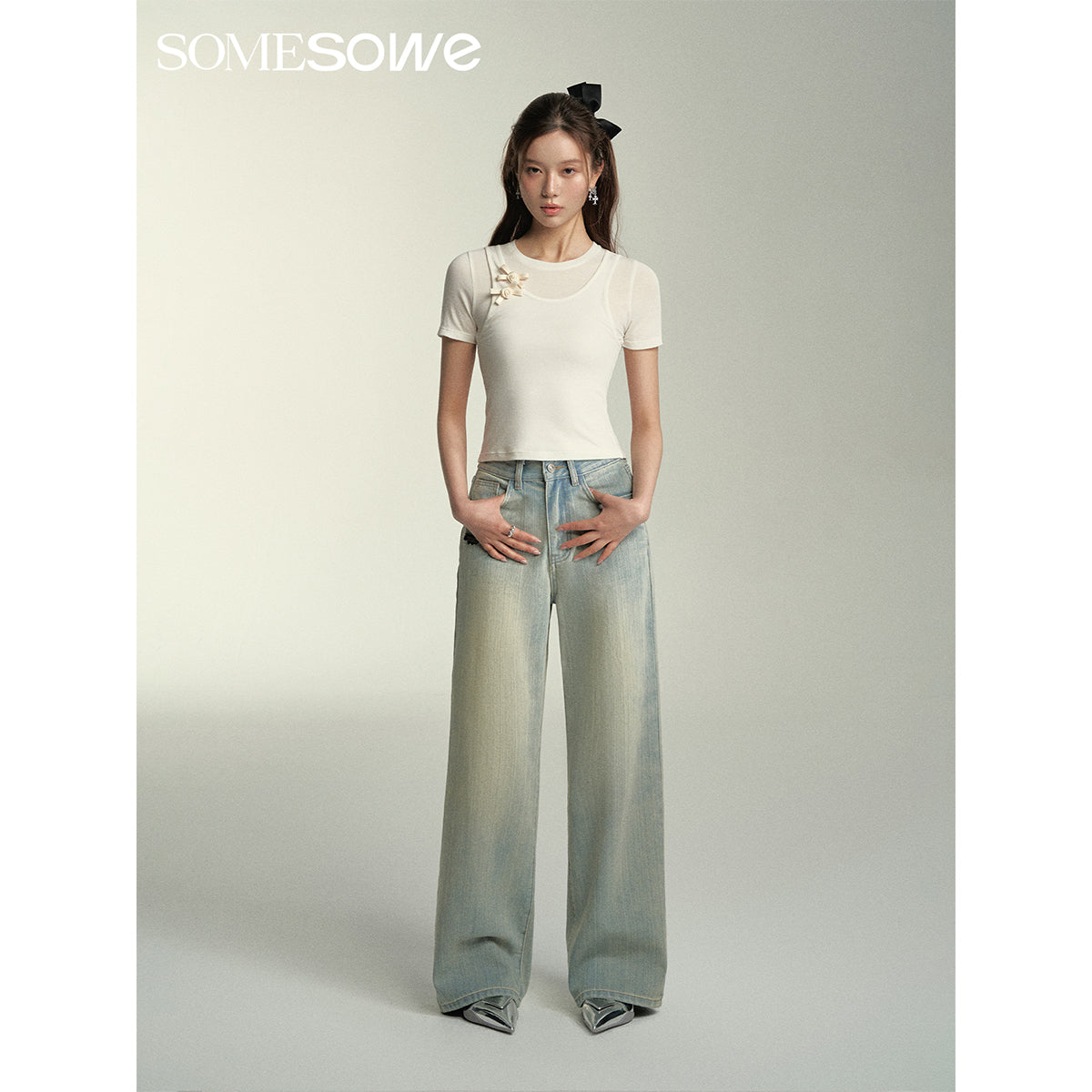 SomeSowe Fake-2-Piece Bow Tie Slim Top White