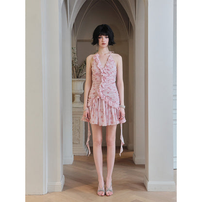 Eimismosol Ruffled Floral Wrinkle Halter Dress Pink