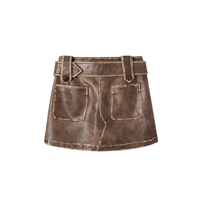 Via Pitti Distressed Heavy Washed Leather Skirt Brown