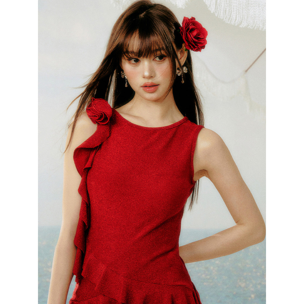 AsGony Flower Ribbon Irregular Ruffled Vest Red