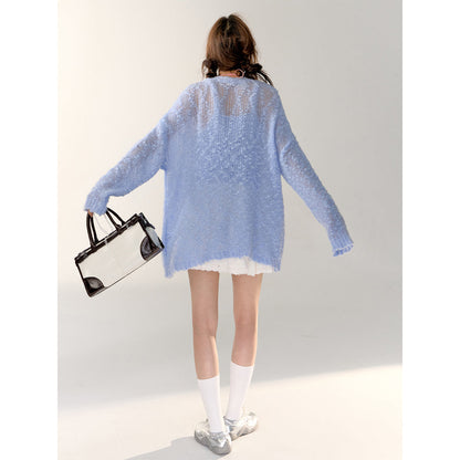 AsGony Lace Patchwork Knit Cardigan Blue