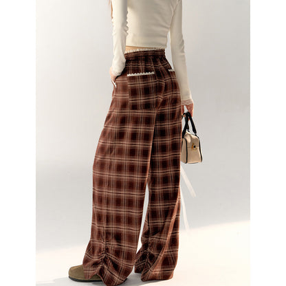 AsGony Retro Plaid High Waist Wide-Leg Pants Brown