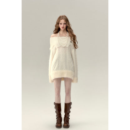 Via Pitti Destroy Cutting Off-Shoulder Knit Sweater Dress White