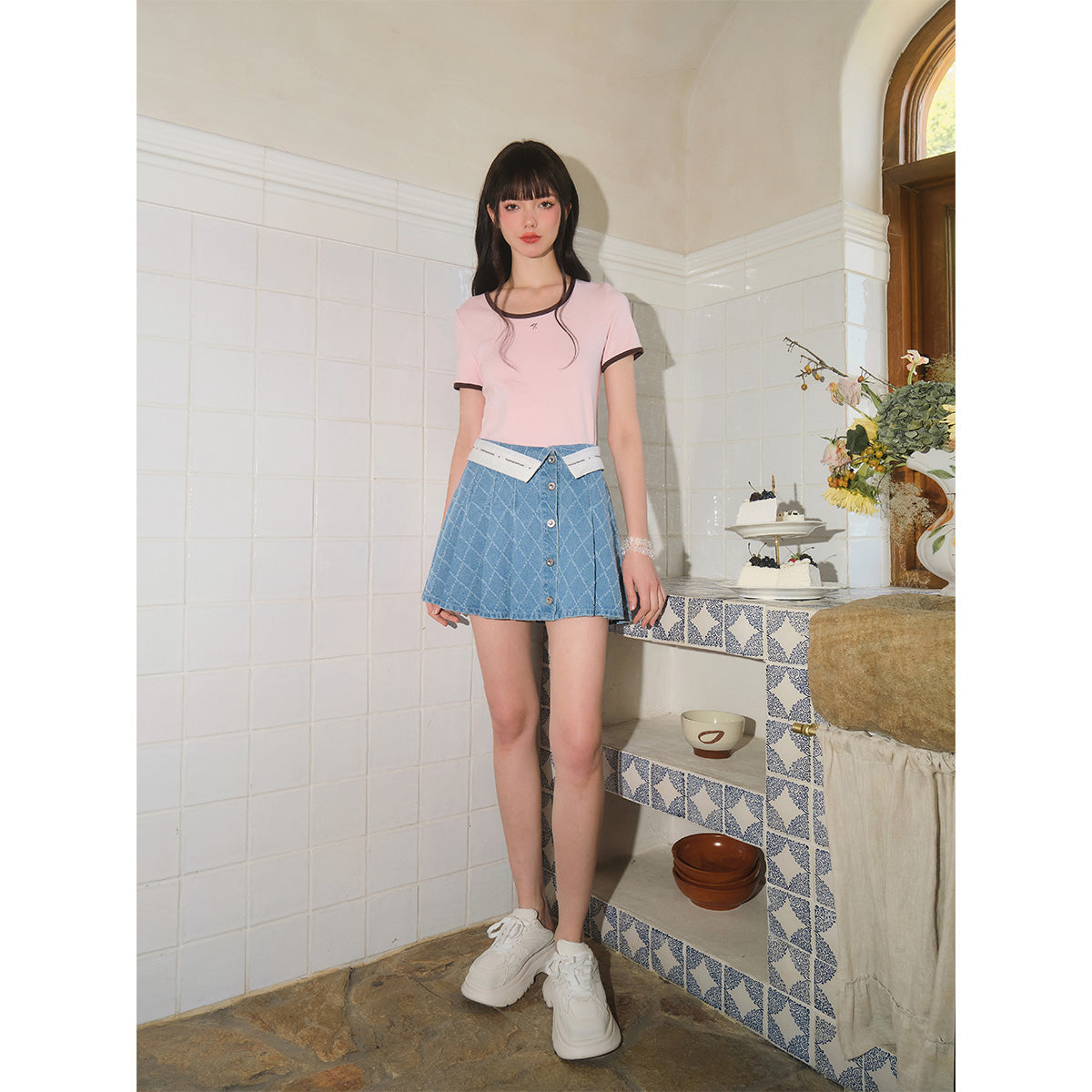 Three Quarters Checkered Flip Edge Pleated Denim Skirt