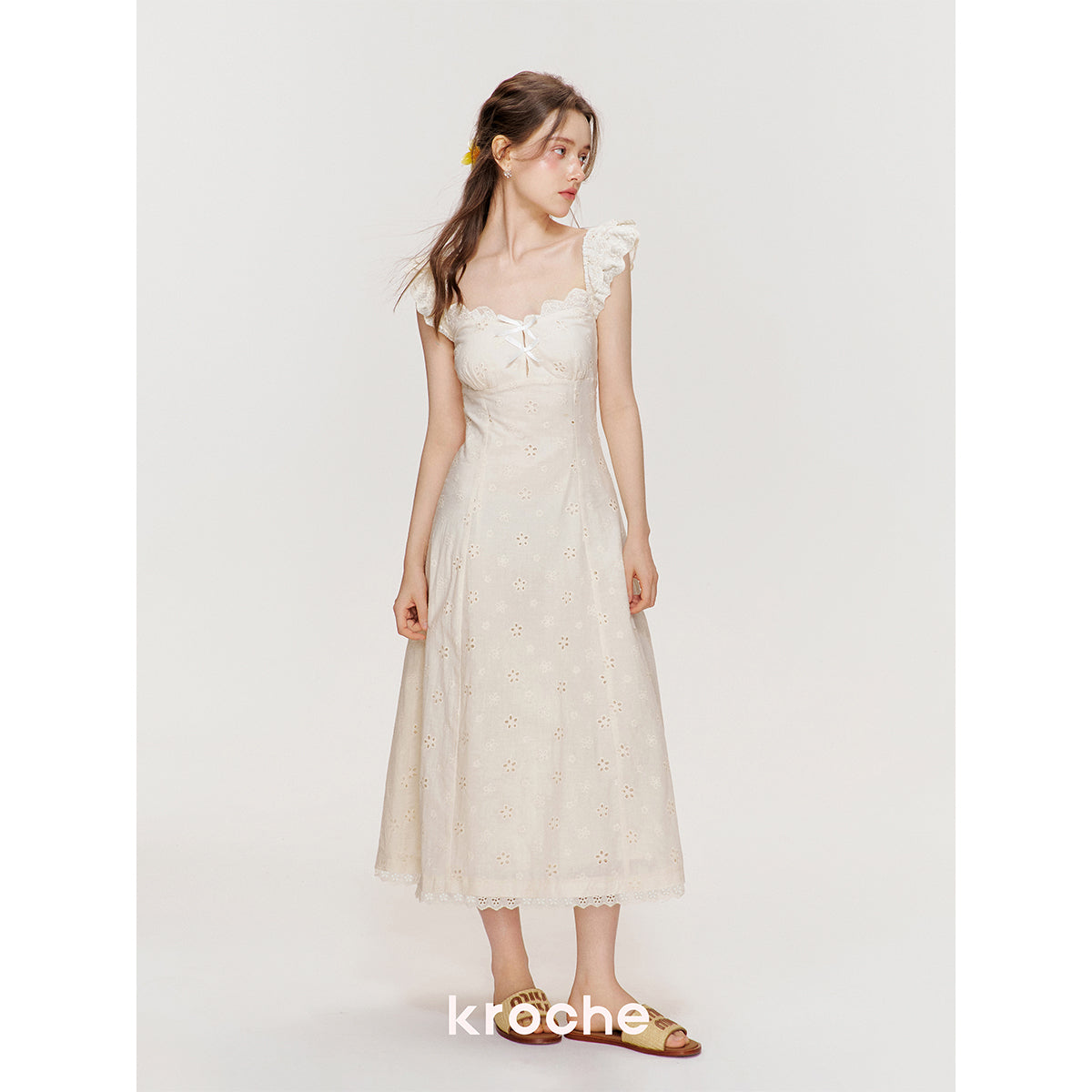 Kroche Hollow Out Embroidered Lace Long Dress Beige