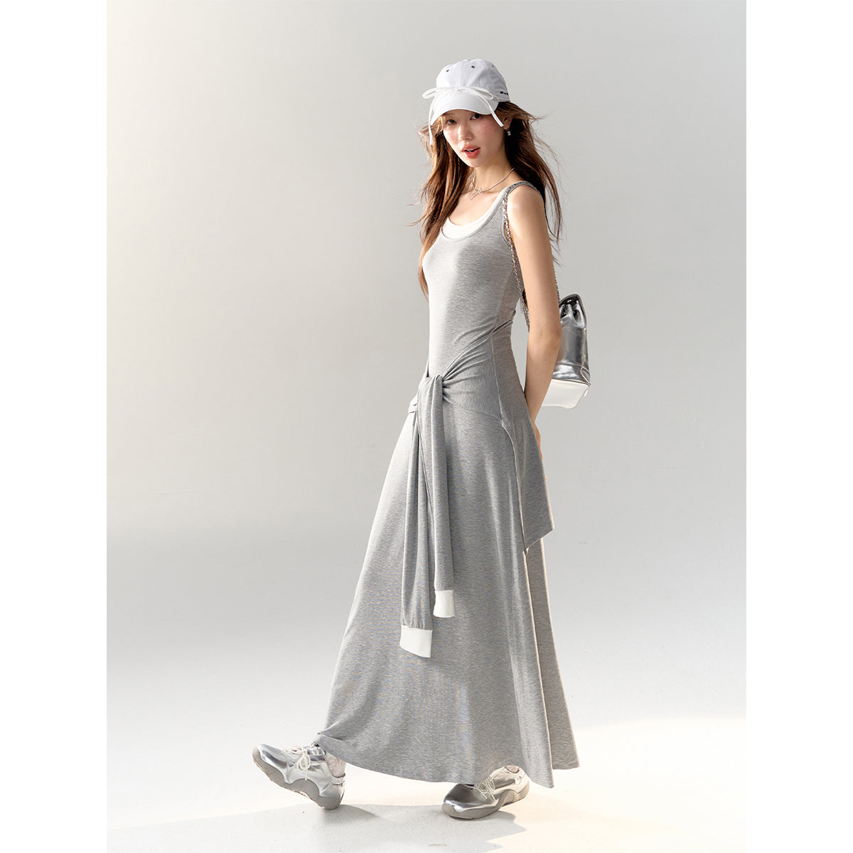 AsGony Fake-2-Piece Strap Knit Vest Long Dress Gray