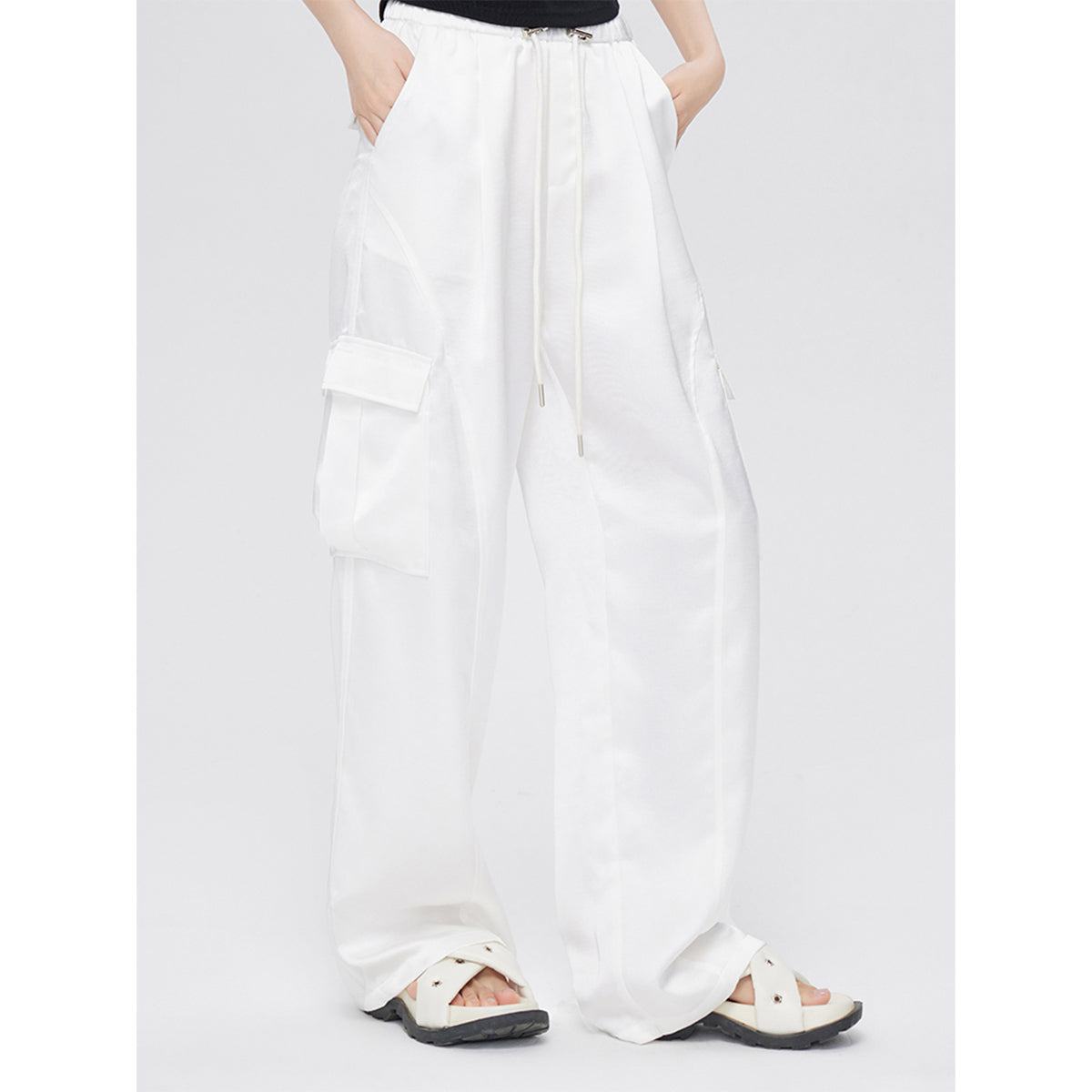 MacyMccoy Satin Draped Wide-Leg Cargo Pants White