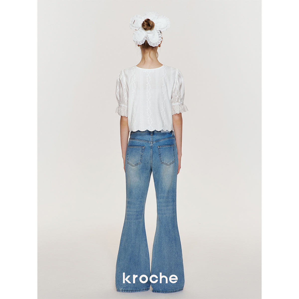 Kroche Lace Bow Lace Up Shirt Top White