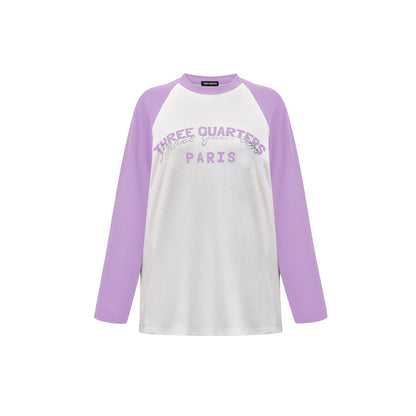 Three Quarters Color Blocked Rhinestone Logo L/S Tee Purple