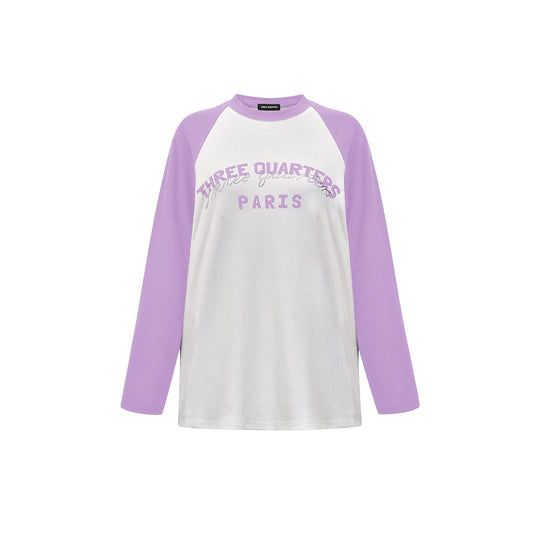 Three Quarters Color Blocked Rhinestone Logo L/S Tee Purple