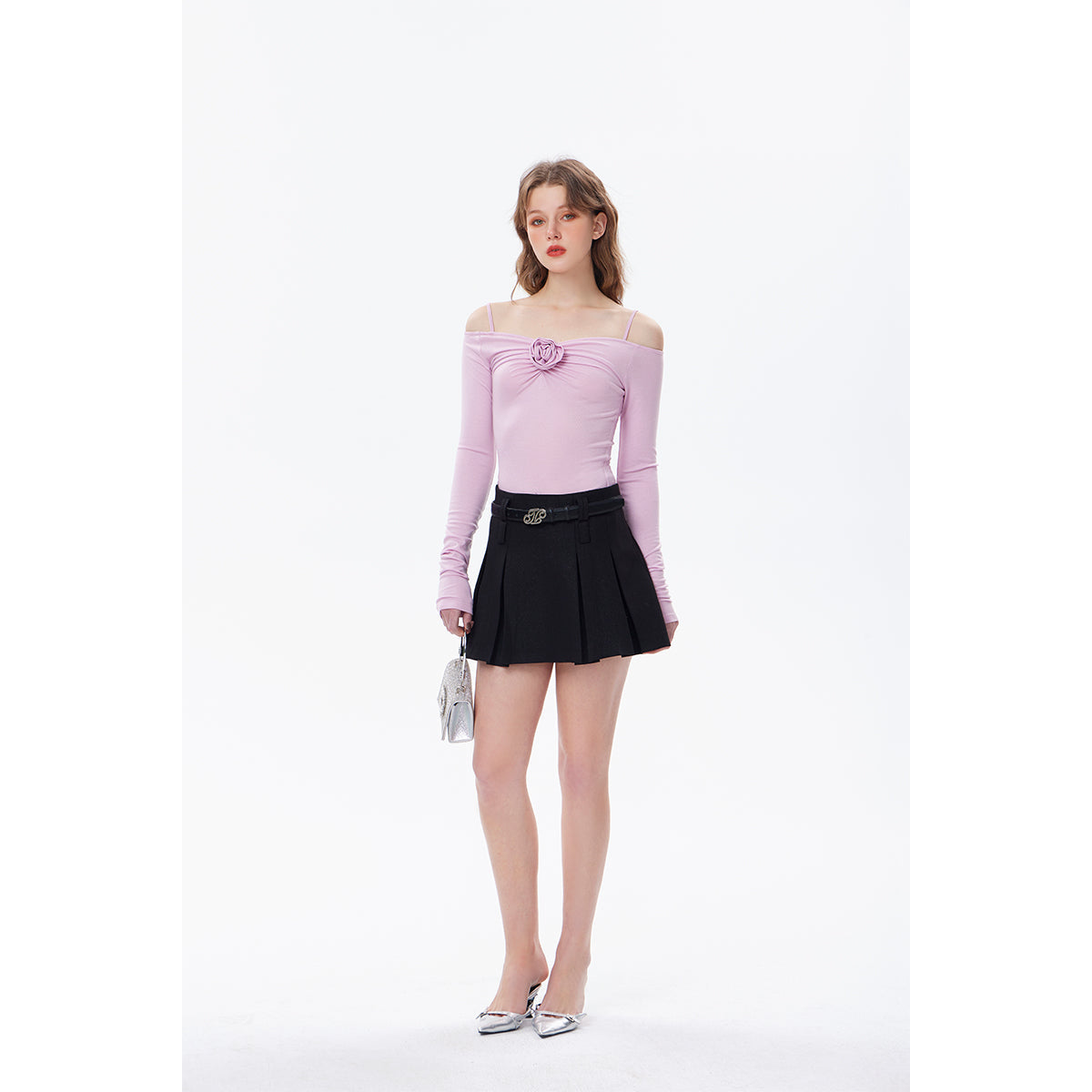 Three Quarters Plush Rose Slim Knit Sling Top Pink