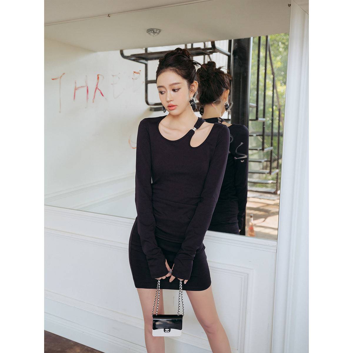 Three Quarters Hollow Out Rhinestone Buckle Dress Black