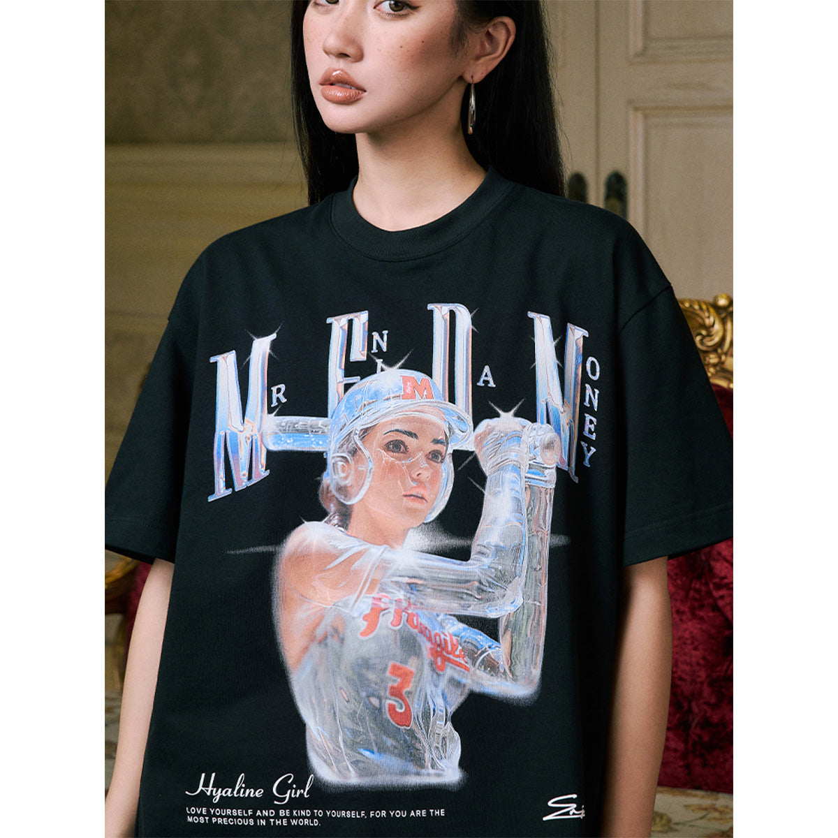 MEDM Transparent Baseball Girl Printed Tee Black