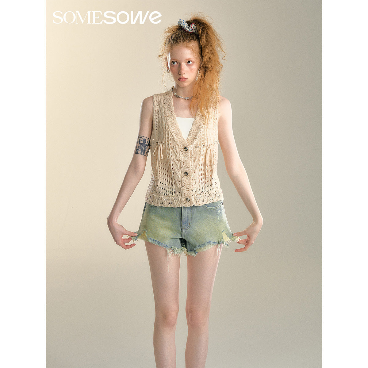 SomeSowe Hot Drilled Bow Raw Edge Denim Shorts