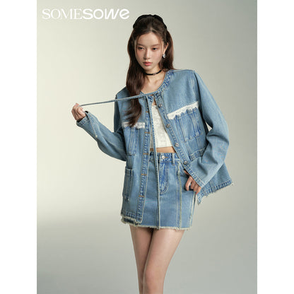 SomeSowe Lace Patchwork Denim Jacket Blue