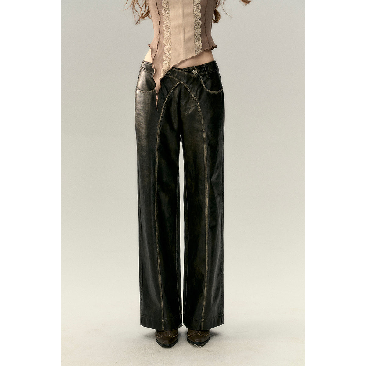 Via Pitti Cross Waist Distressed Leather Pants Black