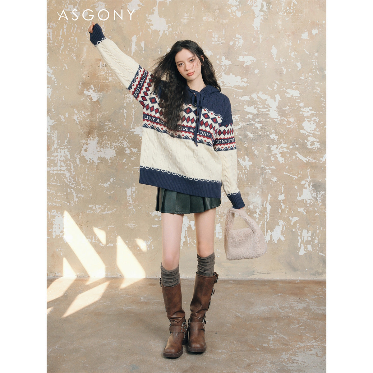 AsGony Fair Isle Oversized Knit Sweater Navy