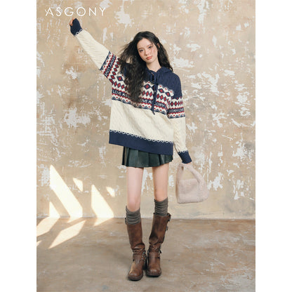 AsGony Fair Isle Oversized Knit Sweater Navy