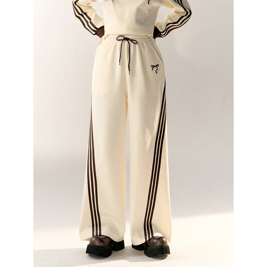 AsGony Contrast Color Bow Tie Striped Casual Pants Beige