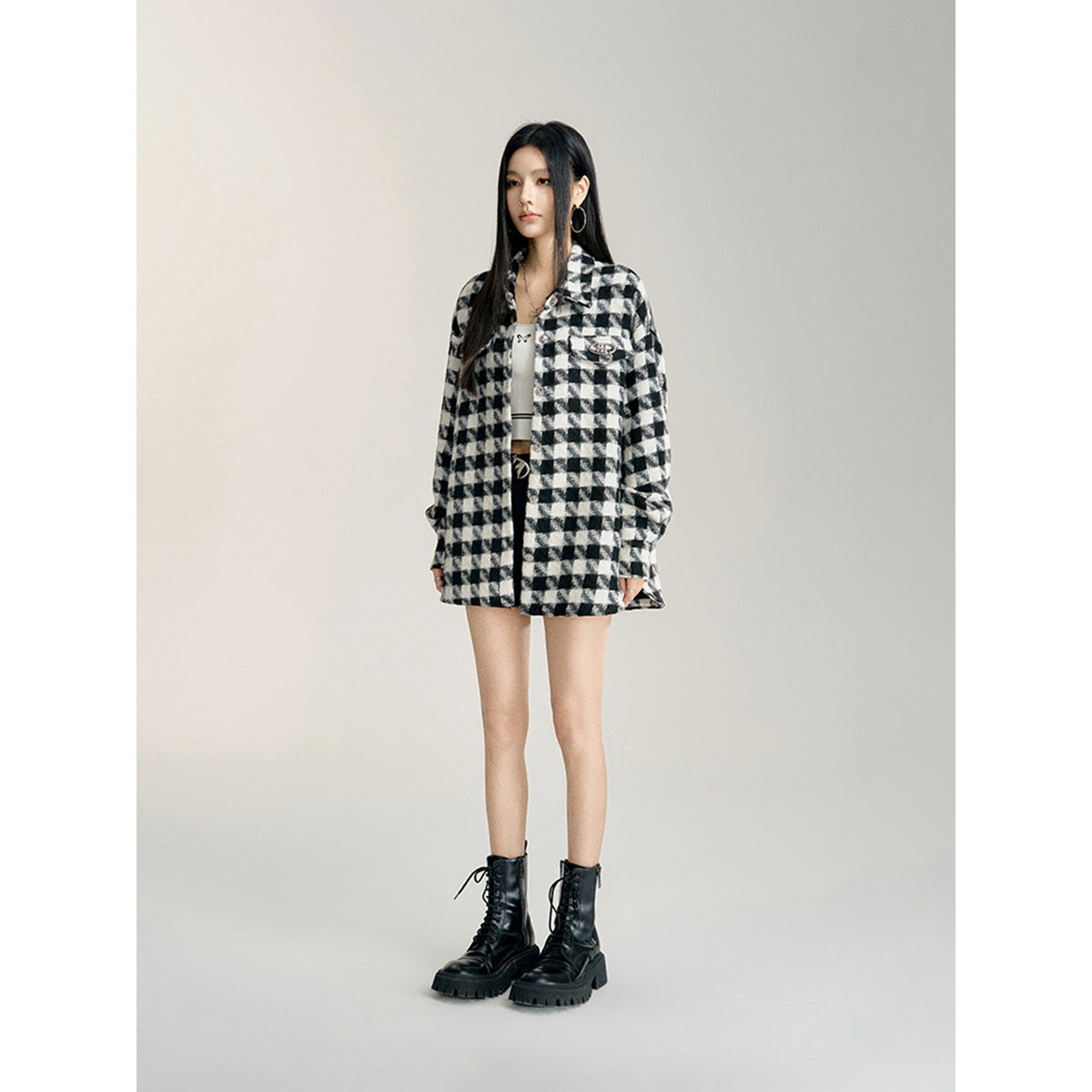 MacyMccoy Plaid Loose Versatile Shirt Jacket Black