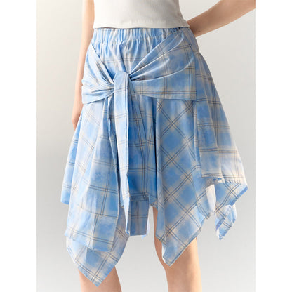 AsGony Irregular Bow Tie Plaid Skirt Blue