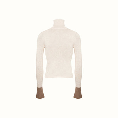 Kroche Color Blocked Cuff Woolen Knit Turtleneck Top Beige