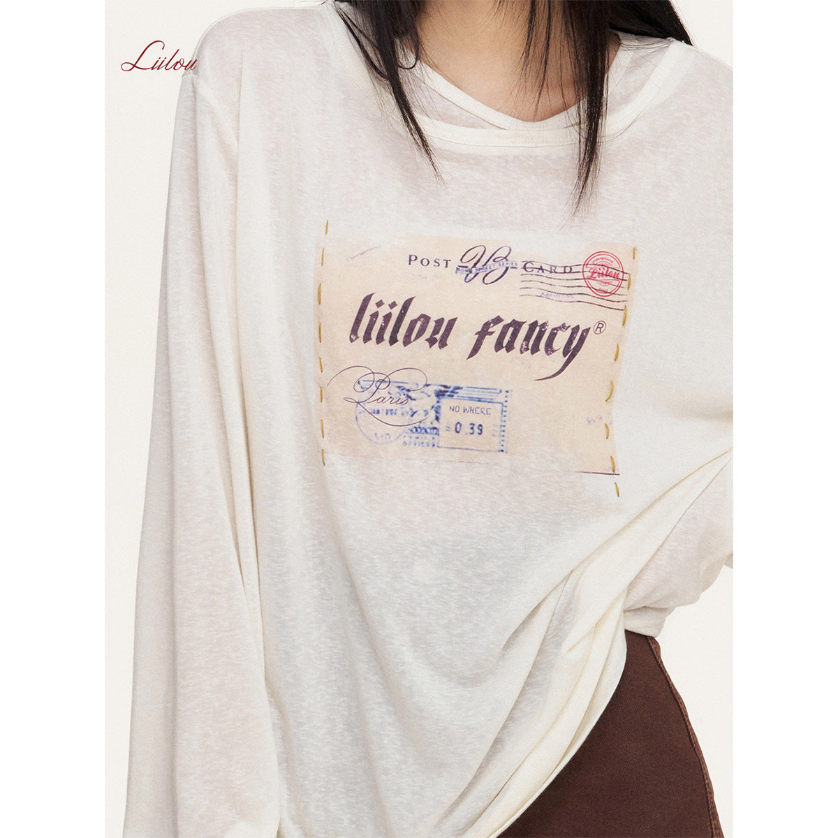 Liilou Stamp Printed Fake-2-Piece Irregular Top Cream