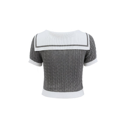 Via Pitti Embroidery Logo Sailor Collar Knit Crop Top Grey