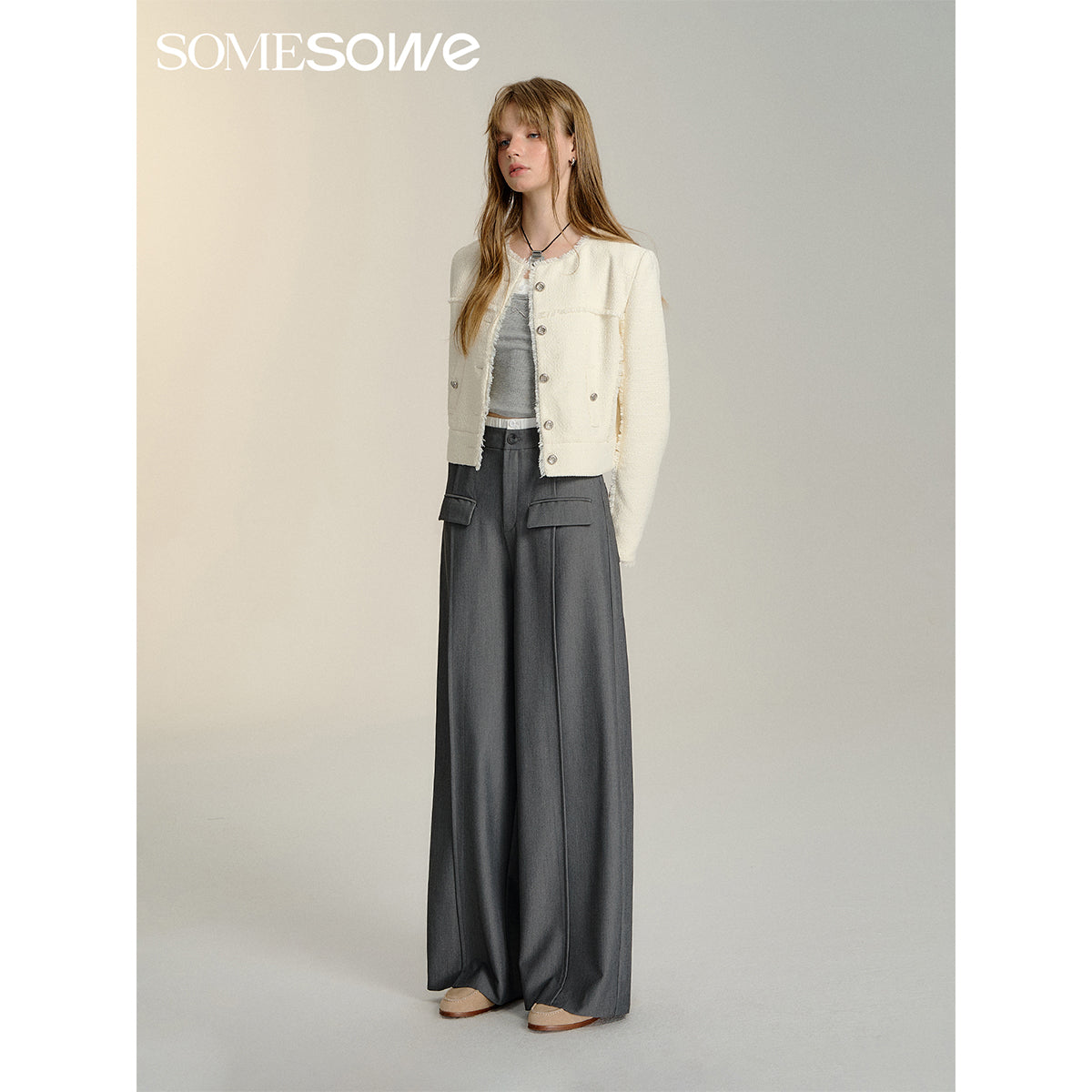 SomeSowe Contrast Color Stitching Wide-Leg Suit Pants Gray