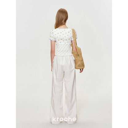 Kroche Drawstring Linen Wide-Leg Pants White