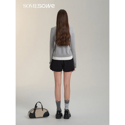 SomeSowe Fake-2-Piece Bow Knit Polo Cardigan Gray