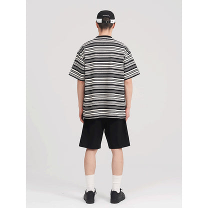 MANUFACTURE Striped Embroidery Logo T-Shirt Black And White