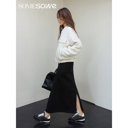 SomeSowe Star Embroidery Loop Woolen Jacket White