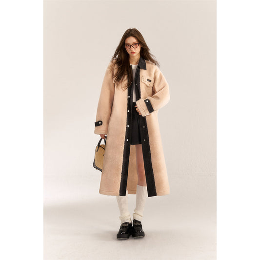 AsGony Fake-2-Piece Denim Patchwork Fleece Long Coat Beige