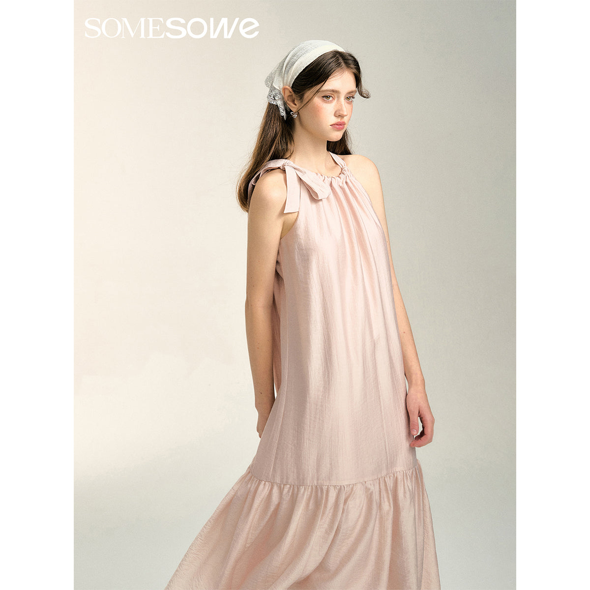 SomeSowe Bow Lace Up Halter Long Dress Pink