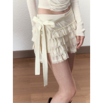 Via Pitti Bow-Knot Tie Tired Mini Skirt Shorts White