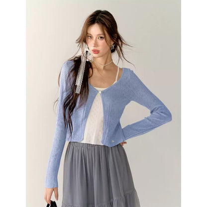 AsGony Contrast Color Fake-2-Piece Slim Cardigan Blue