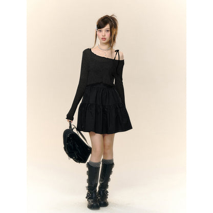 AsGony Irregular Off-Shoulder Knit Top Slip Dress Set Black