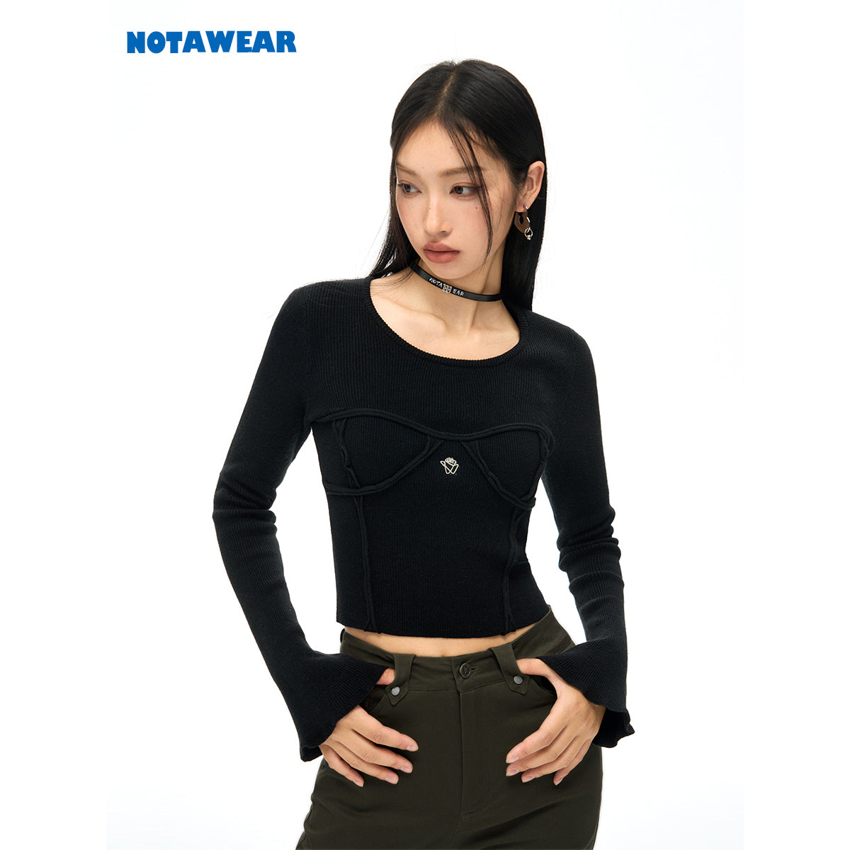 NotAwear Logo Embroidery Stringy Selvedge Knit Top Black