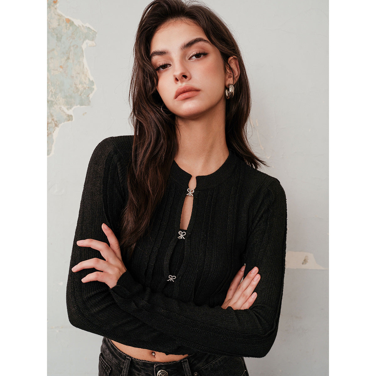 Rocha Roma Rhinestone Hollow-Out Cardigan Black