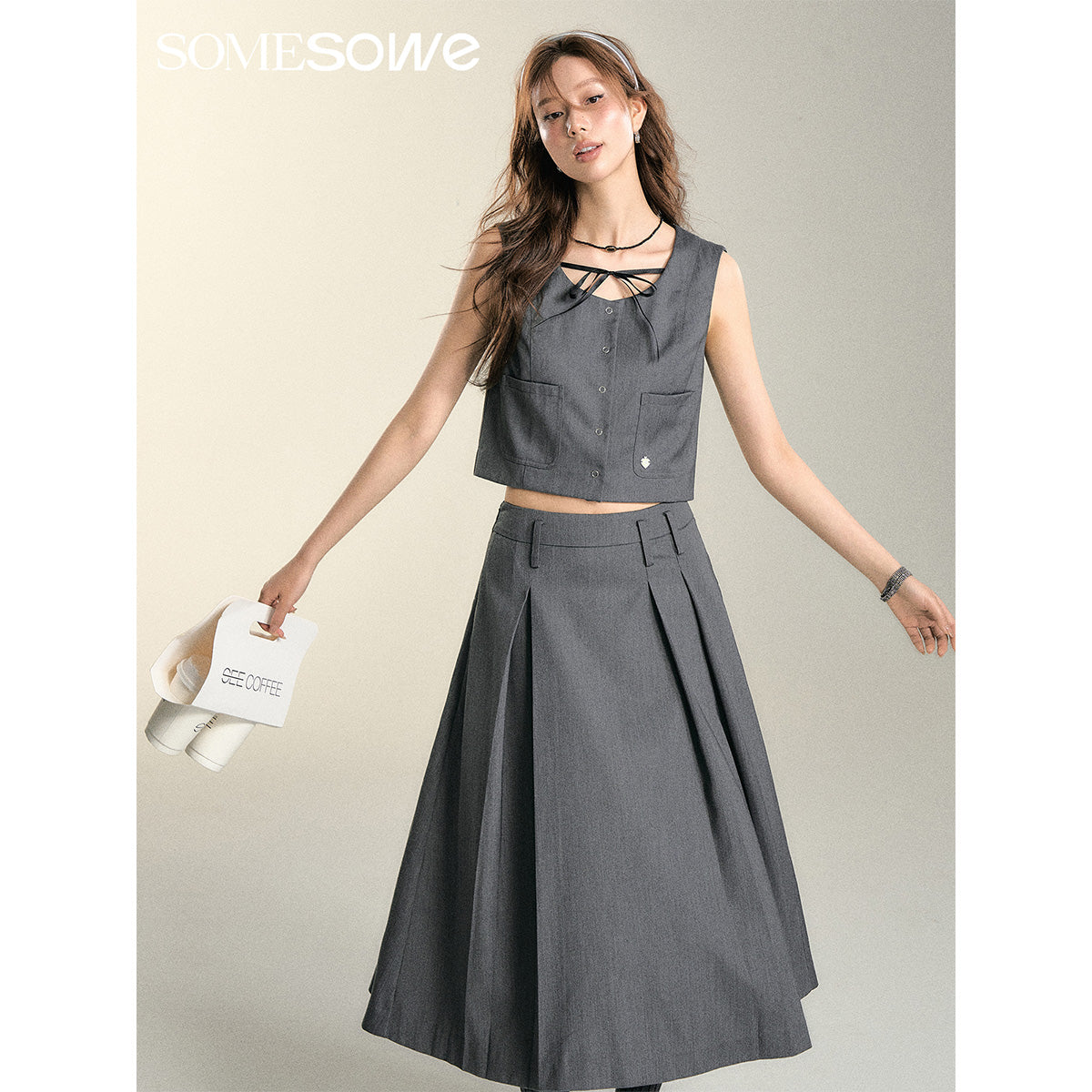 SomeSowe Asymmetrical Pleated Long Skirt Grey