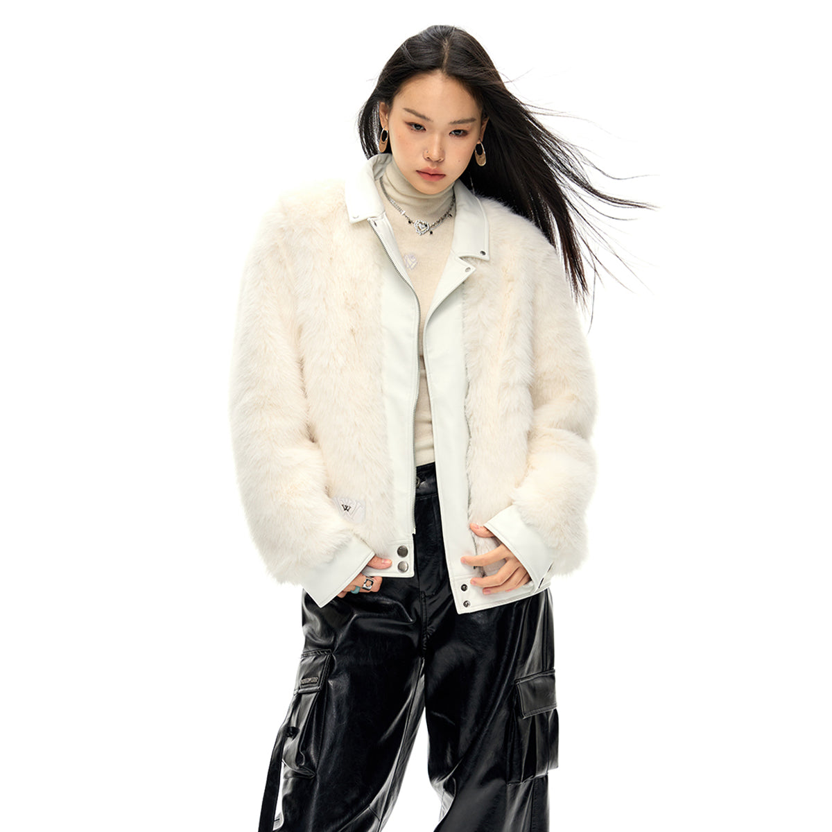 NotAwear Leather Collar Faux Fur Jacket White